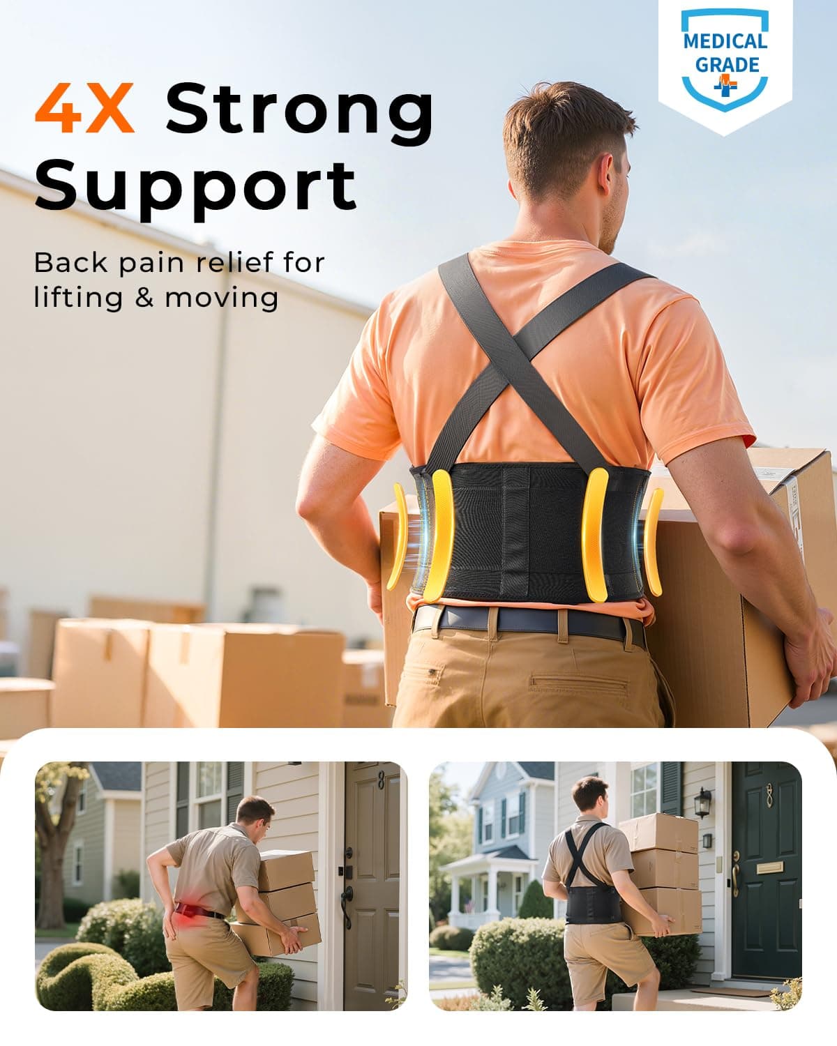 Black Ergonomic Back Support Belt with Straps - Thumbnail 5