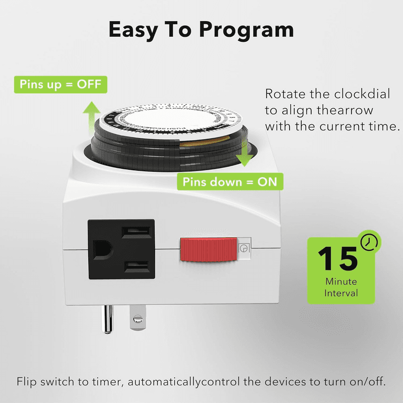 Heavy Duty Mechanical 24 Hour Timer Dual Outlet 3-Prong Accurate Indoor - Thumbnail 3