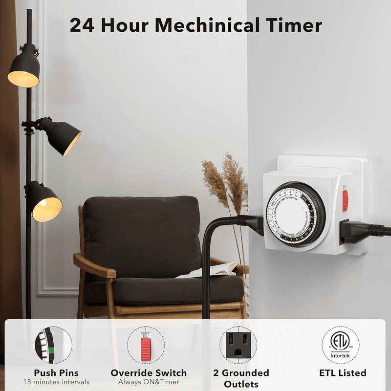 Heavy Duty Mechanical 24 Hour Timer Dual Outlet 3-Prong Accurate Indoor - Thumbnail 2