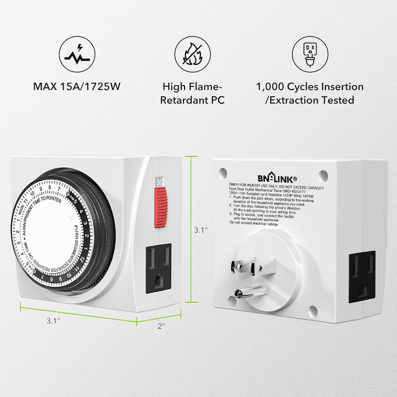 Heavy Duty Mechanical 24 Hour Timer Dual Outlet 3-Prong Accurate Indoor - Thumbnail 6