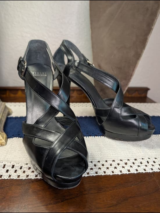 Stuart Weitzman Black Leather Crisscross Strappy Slingback Platform High Heels - Thumbnail 17