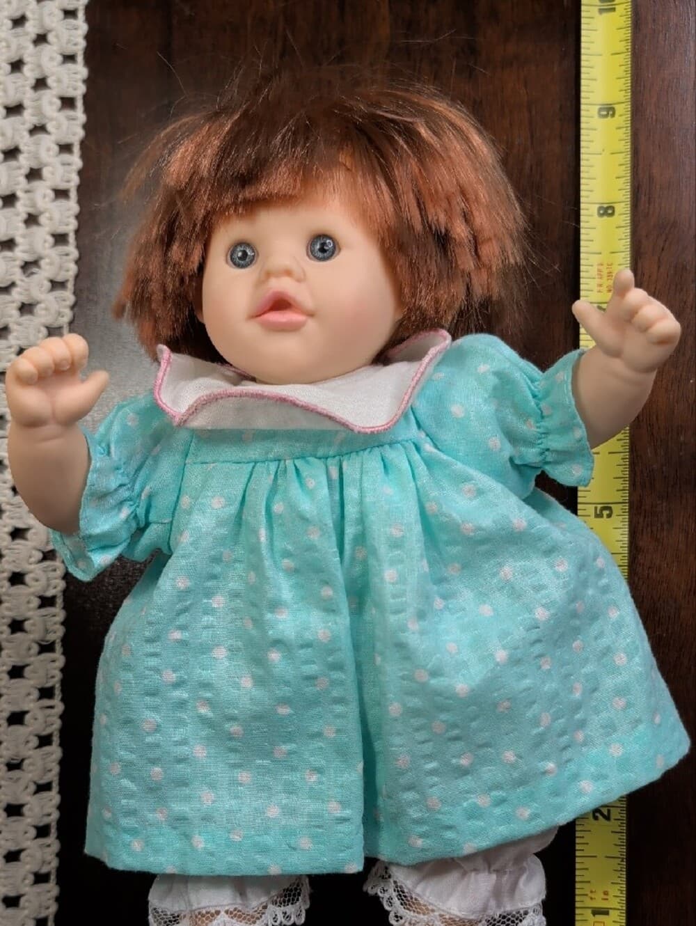 Vintage Dolls By Pauline Baby Doll in Mint Polka Dot Dress Red Hair Blue Eyes - Thumbnail 13