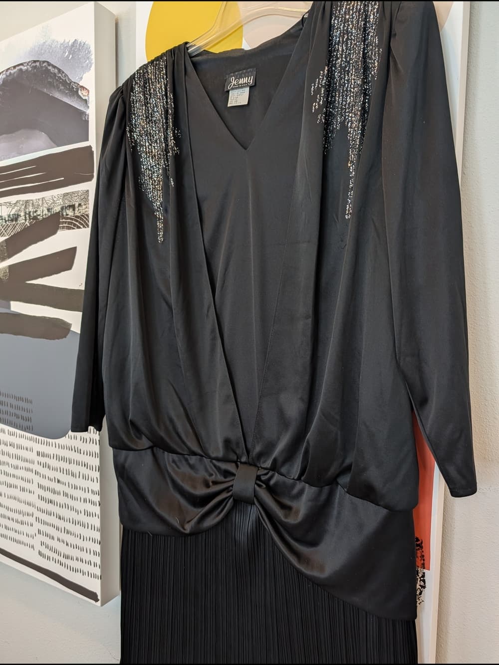 Vintage Jenny Black And Silver V-Neck Cocktail Ruched Waist Dress - Thumbnail 2