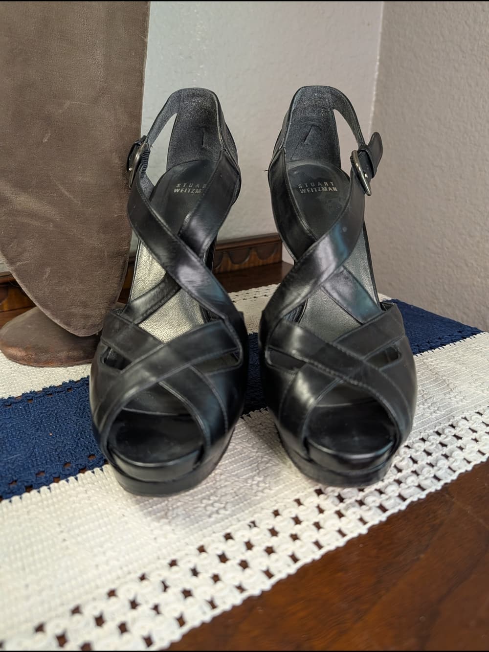 Stuart Weitzman Black Leather Crisscross Strappy Slingback Platform High Heels - Thumbnail 3