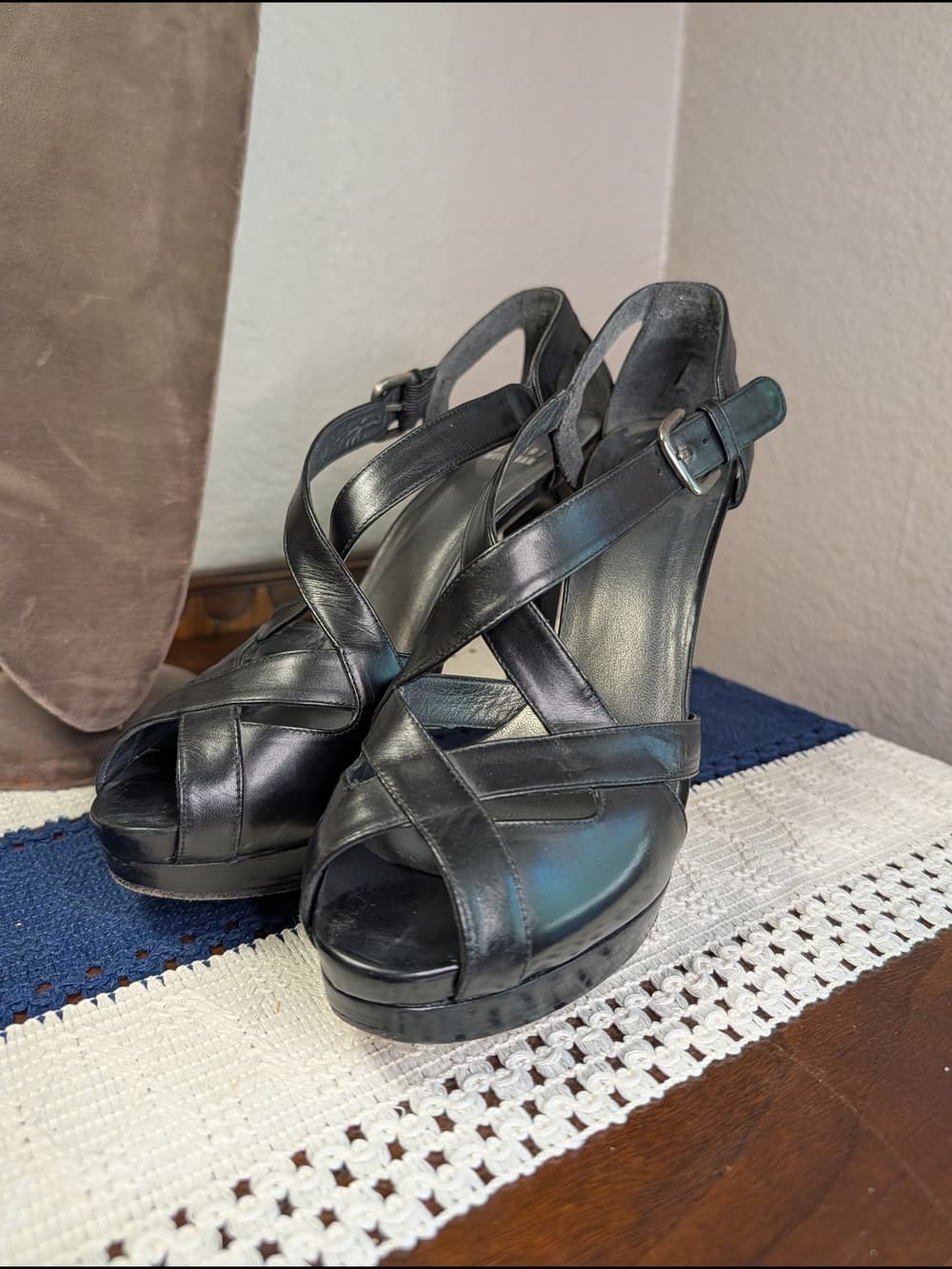 Stuart Weitzman Black Leather Crisscross Strappy Slingback Platform High Heels - Thumbnail 14