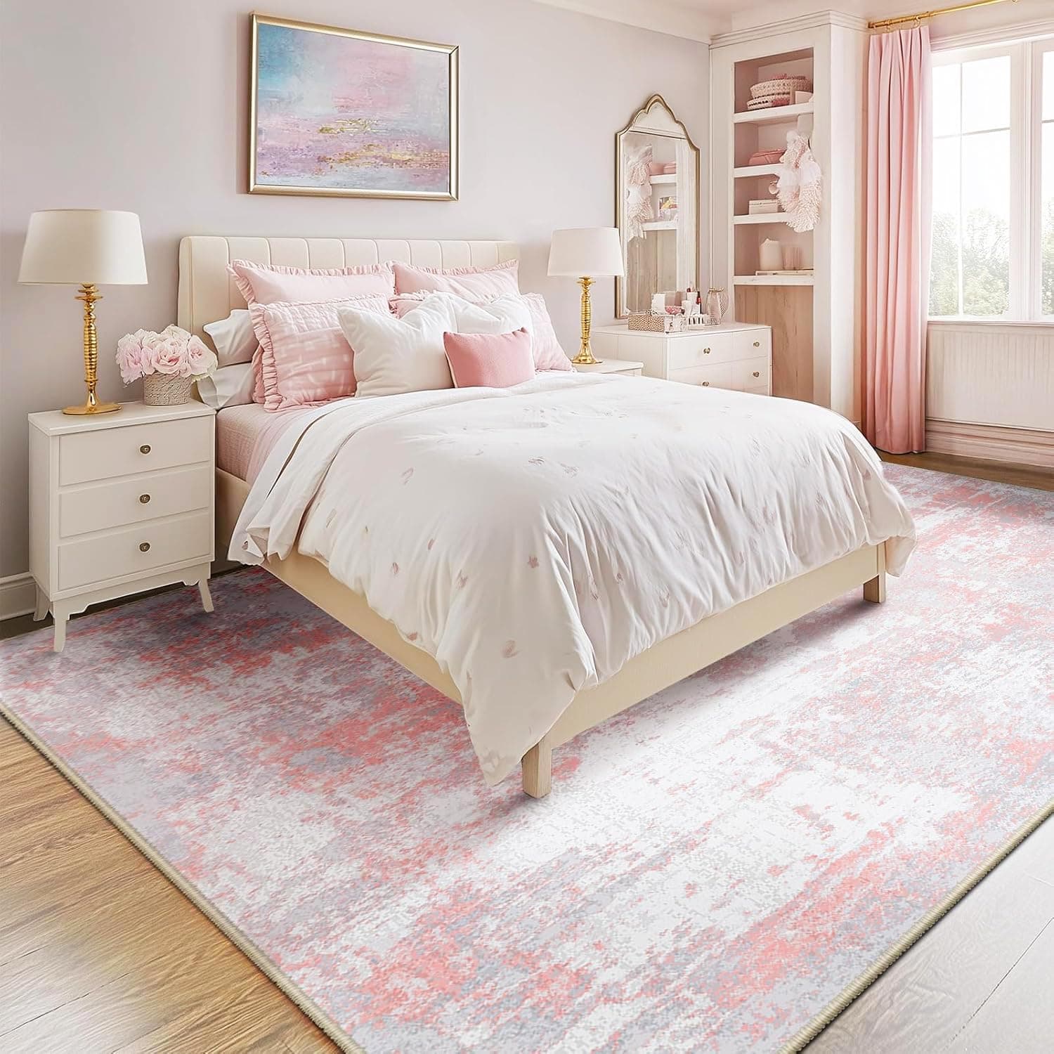 Pink and Gray Abstract Area Rug - Contemporary Style
