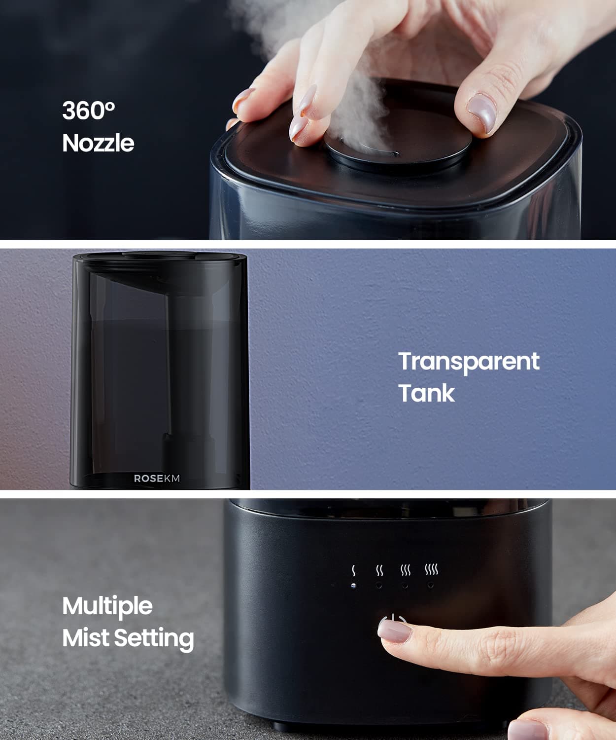 Humidifiers for Bedroom, 2.0L Cool Mist Humidifier for Home Plant and Baby Nursery, Quiet Ultrasonic Humidifier with 360° Nozzle, Auto Shut-Off, Filterless, Black - Thumbnail 5