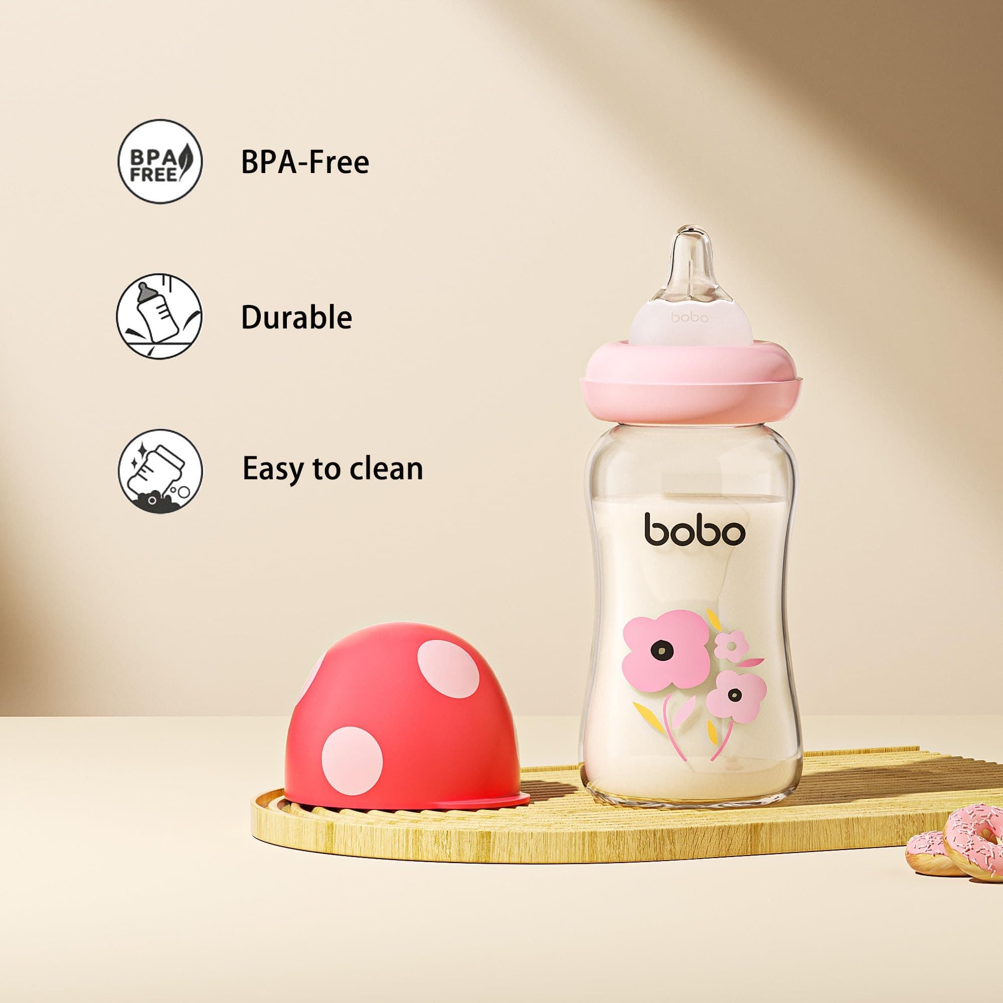 4 Bobo Baby Glass Bottles Pink Floral Design BPA-Free - Thumbnail 3