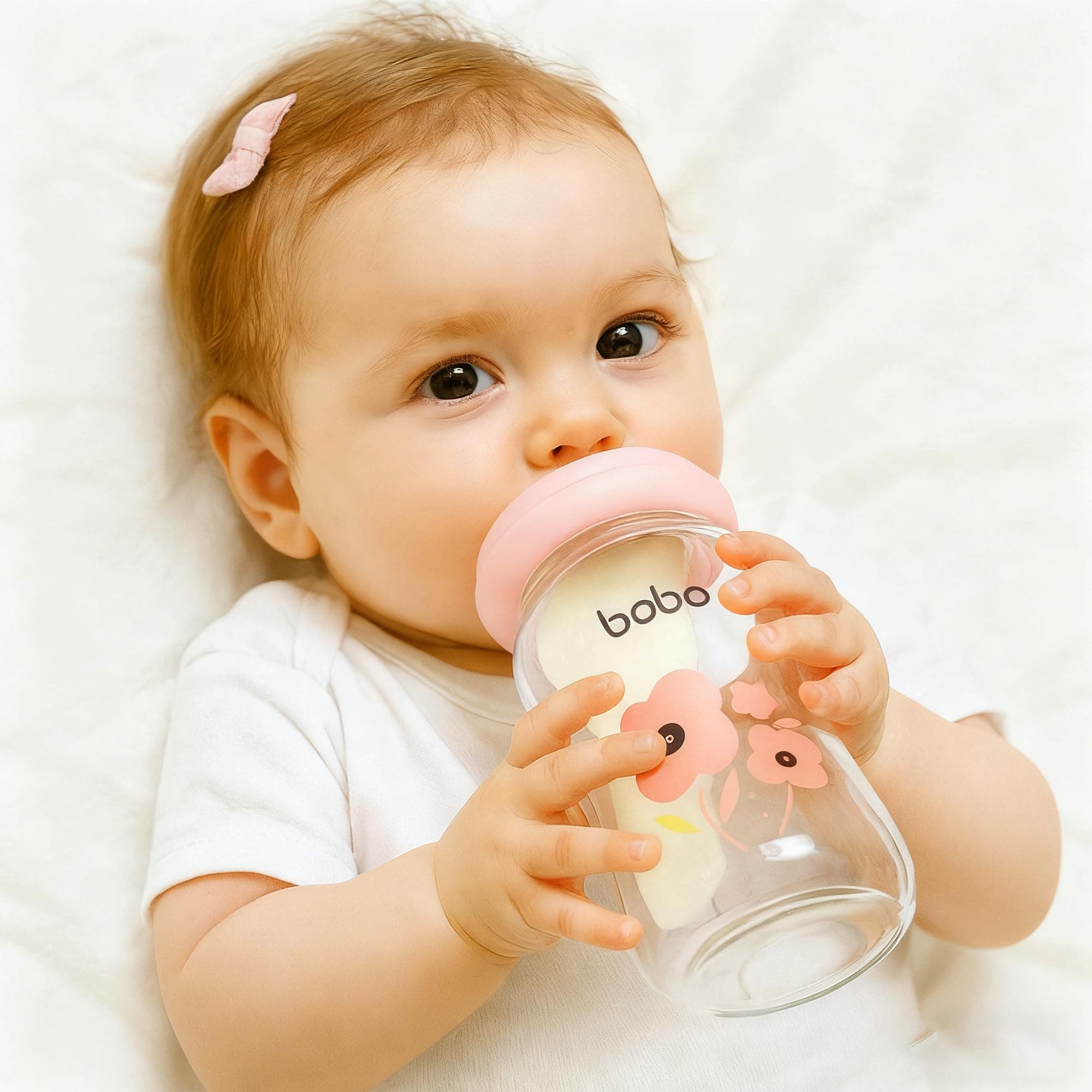 4 Bobo Baby Glass Bottles Pink Floral Design BPA-Free - Thumbnail 4