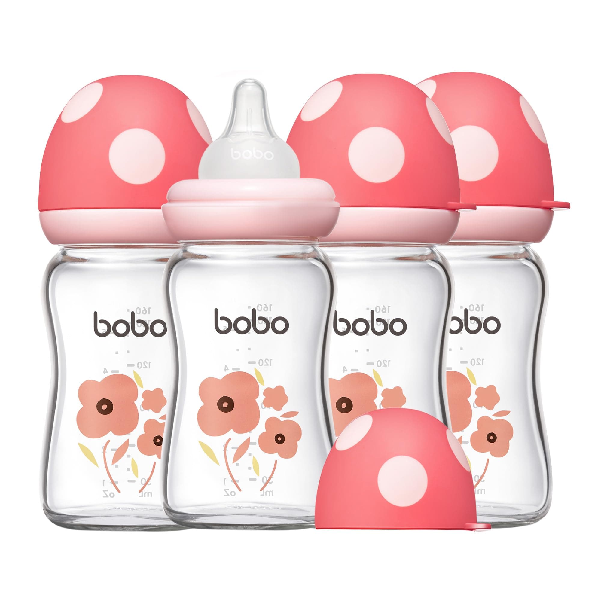 4 Bobo Baby Glass Bottles Pink Floral Design BPA-Free - Thumbnail 7