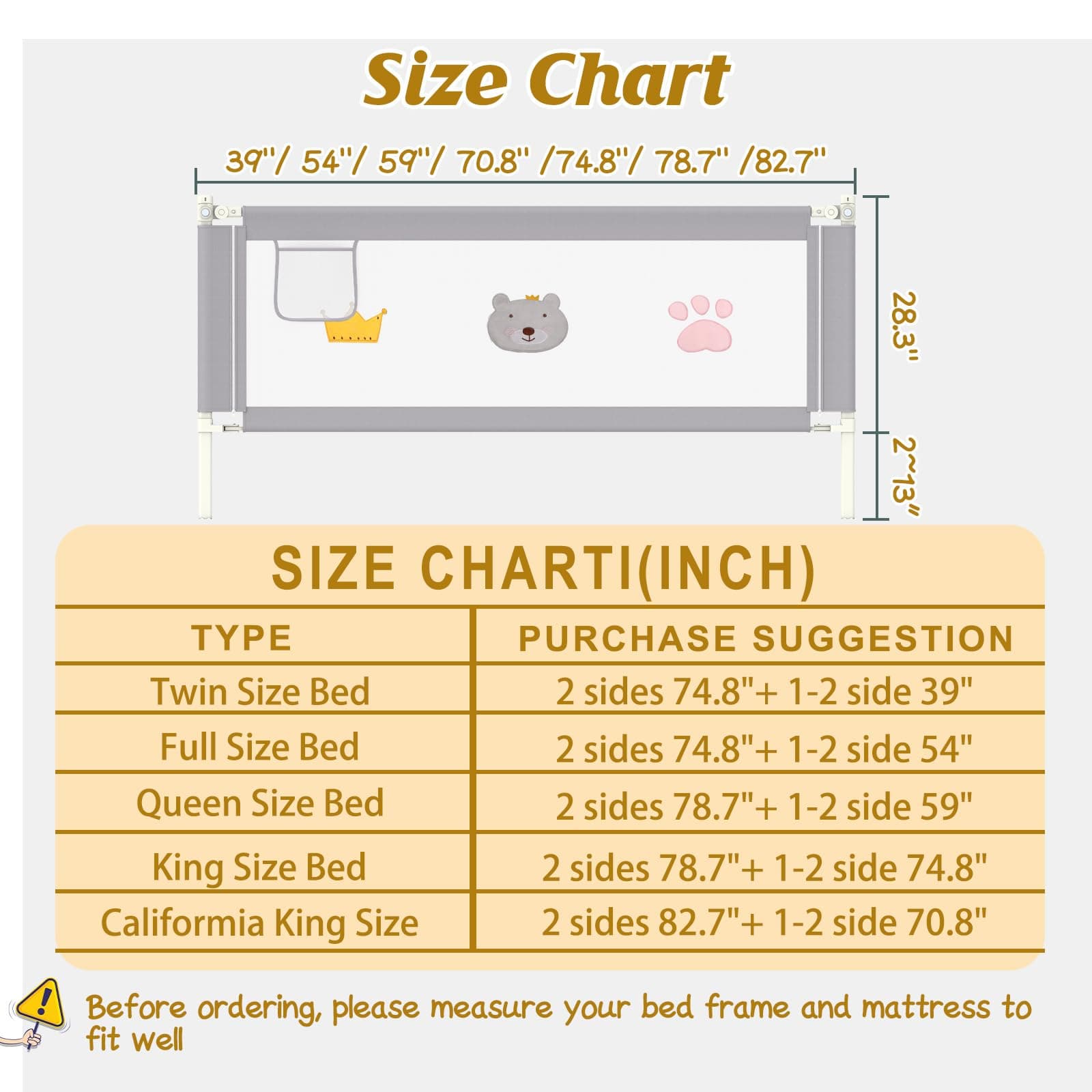 Adjustable Bed Rail Guard 74.8" Gray for Queen bed - Thumbnail 2