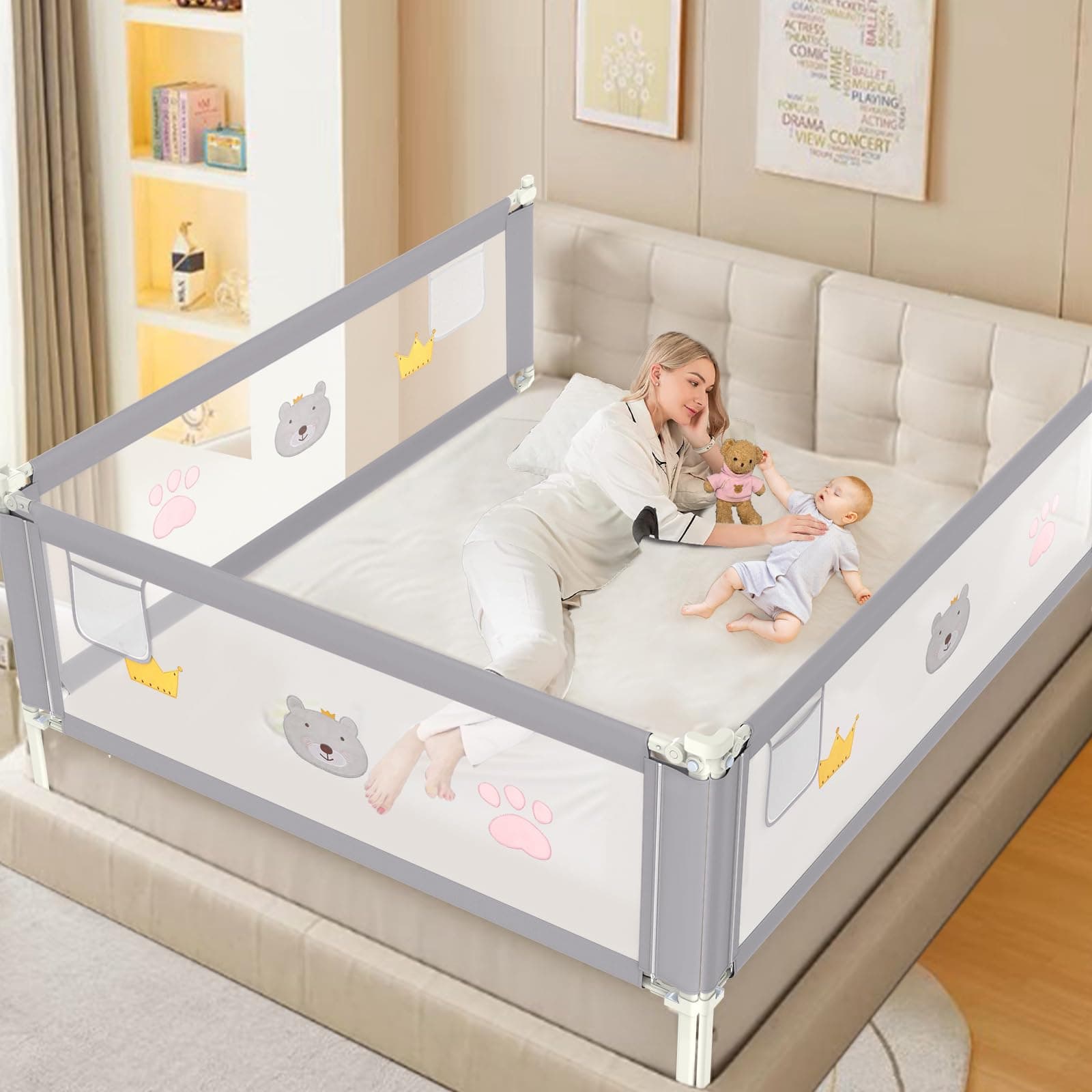 Adjustable Bed Rail Guard 74.8" Gray for Queen bed