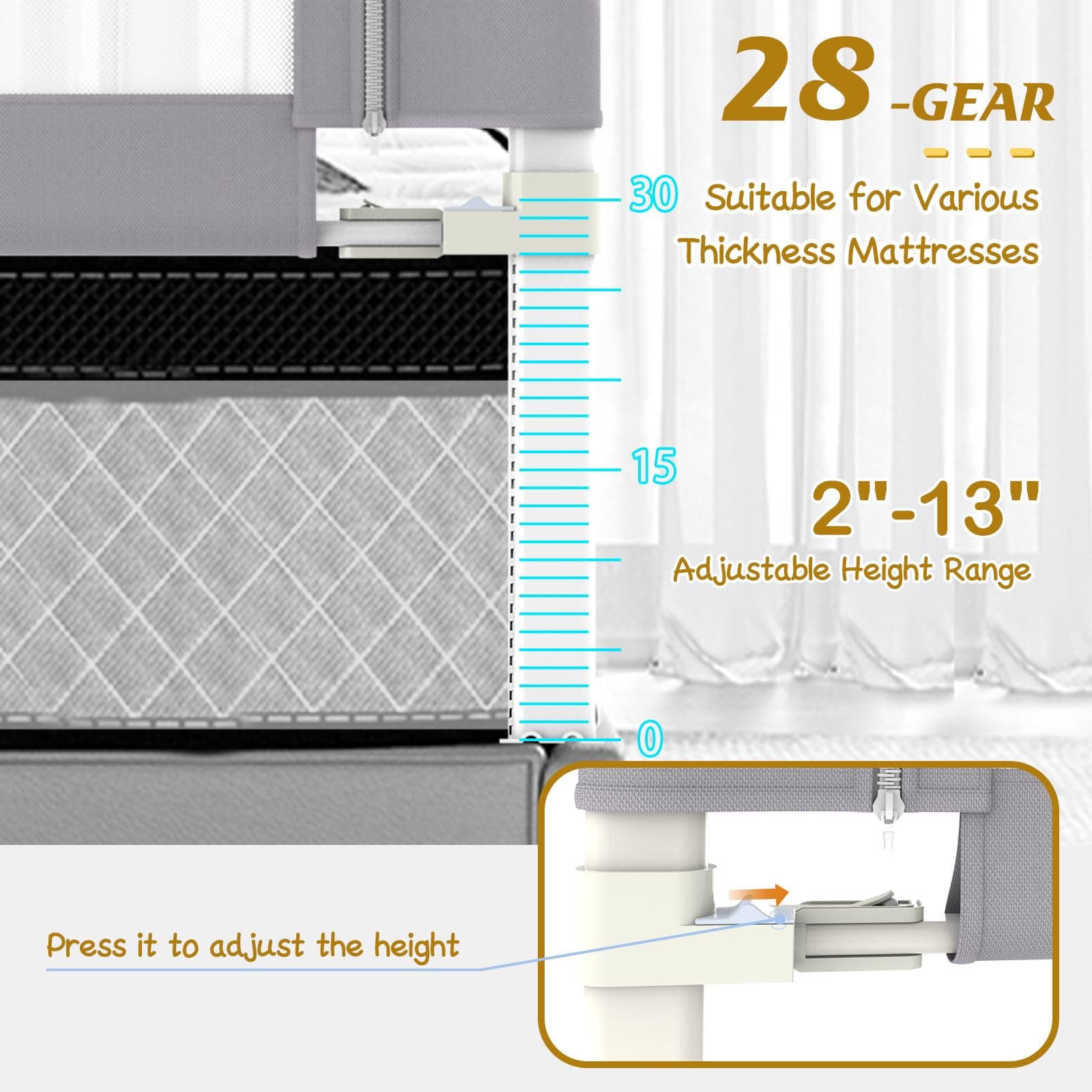 Adjustable Bed Rail Guard 74.8" Gray for Queen bed - Thumbnail 3