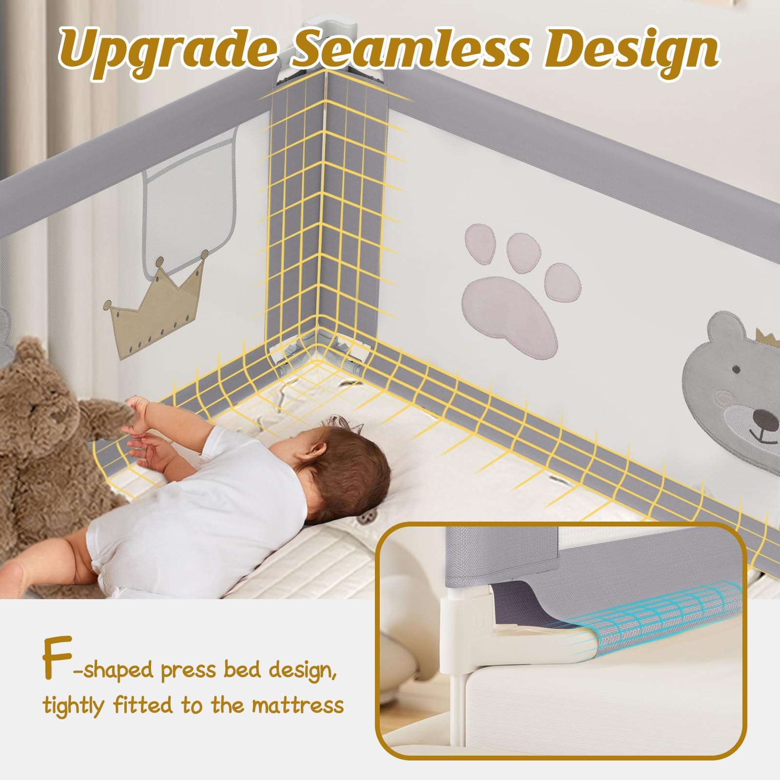 Adjustable Bed Rail Guard 74.8" Gray for Queen bed - Thumbnail 4