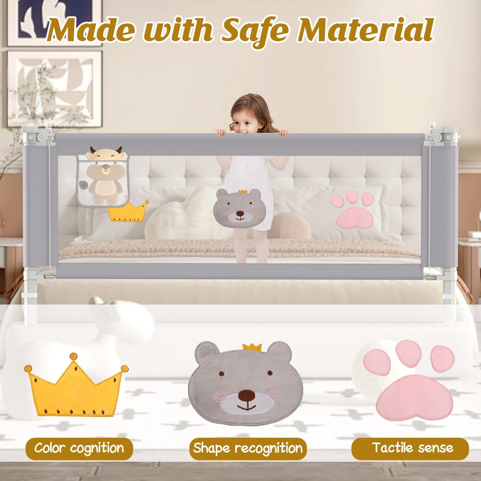 Adjustable Bed Rail Guard 74.8" Gray for Queen bed - Thumbnail 6
