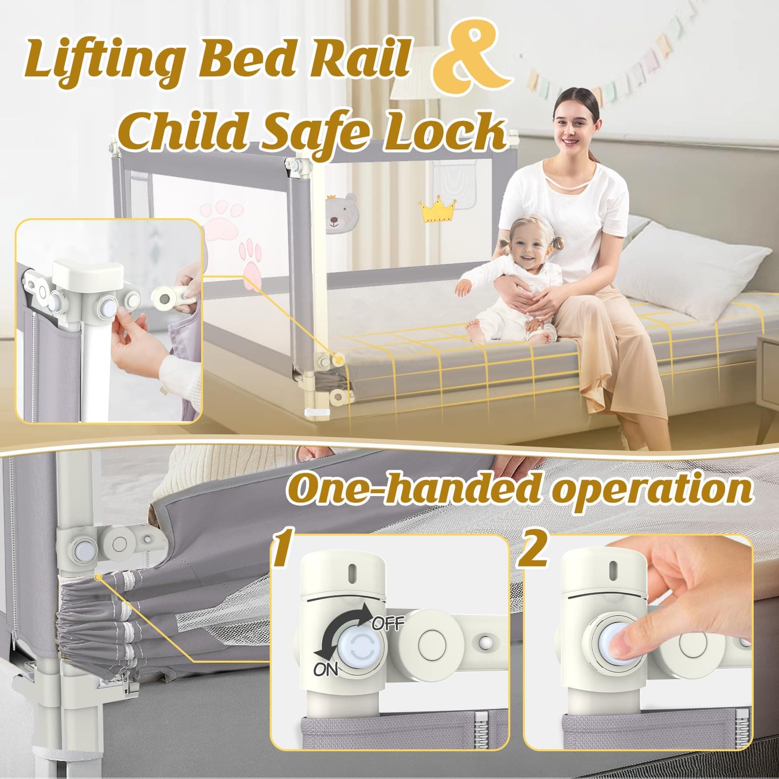 Adjustable Bed Rail Guard 74.8" Gray for Queen bed - Thumbnail 9