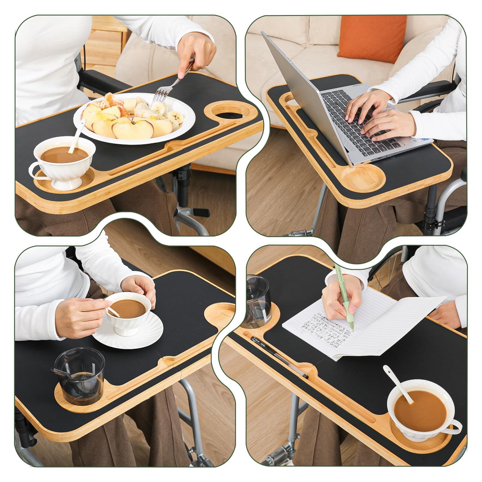 TYYIHUA Foldable Wheelchair Tray Table with Cup Holders for Adults, Seniors, Removable Wheelchair Lap Desk for Eating Reading Resting, Nursing Patient, Fits Seat Width 16" - 20", Bamboo Wood - Thumbnail 2