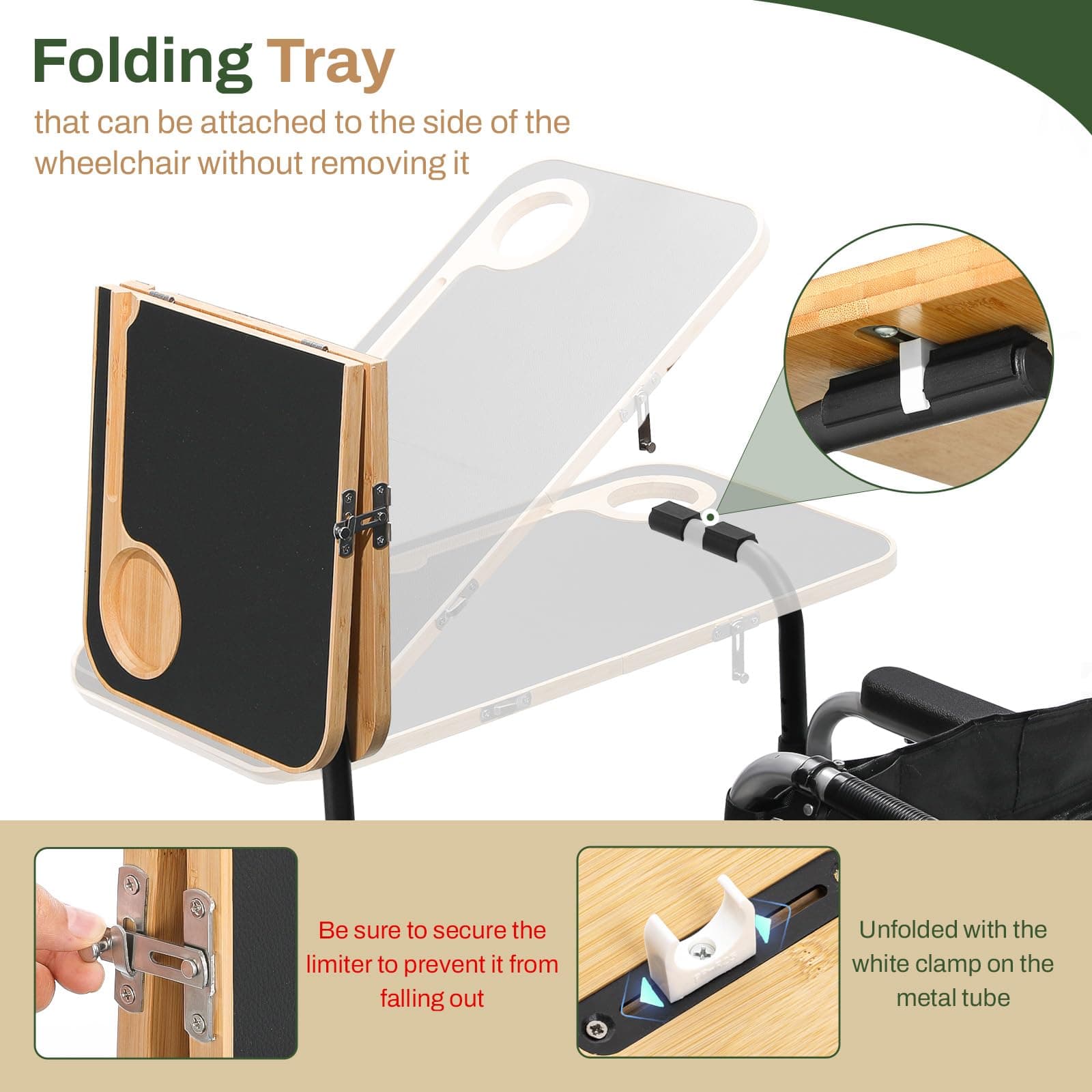 TYYIHUA Foldable Wheelchair Tray Table with Cup Holders for Adults, Seniors, Removable Wheelchair Lap Desk for Eating Reading Resting, Nursing Patient, Fits Seat Width 16" - 20", Bamboo Wood - Thumbnail 3