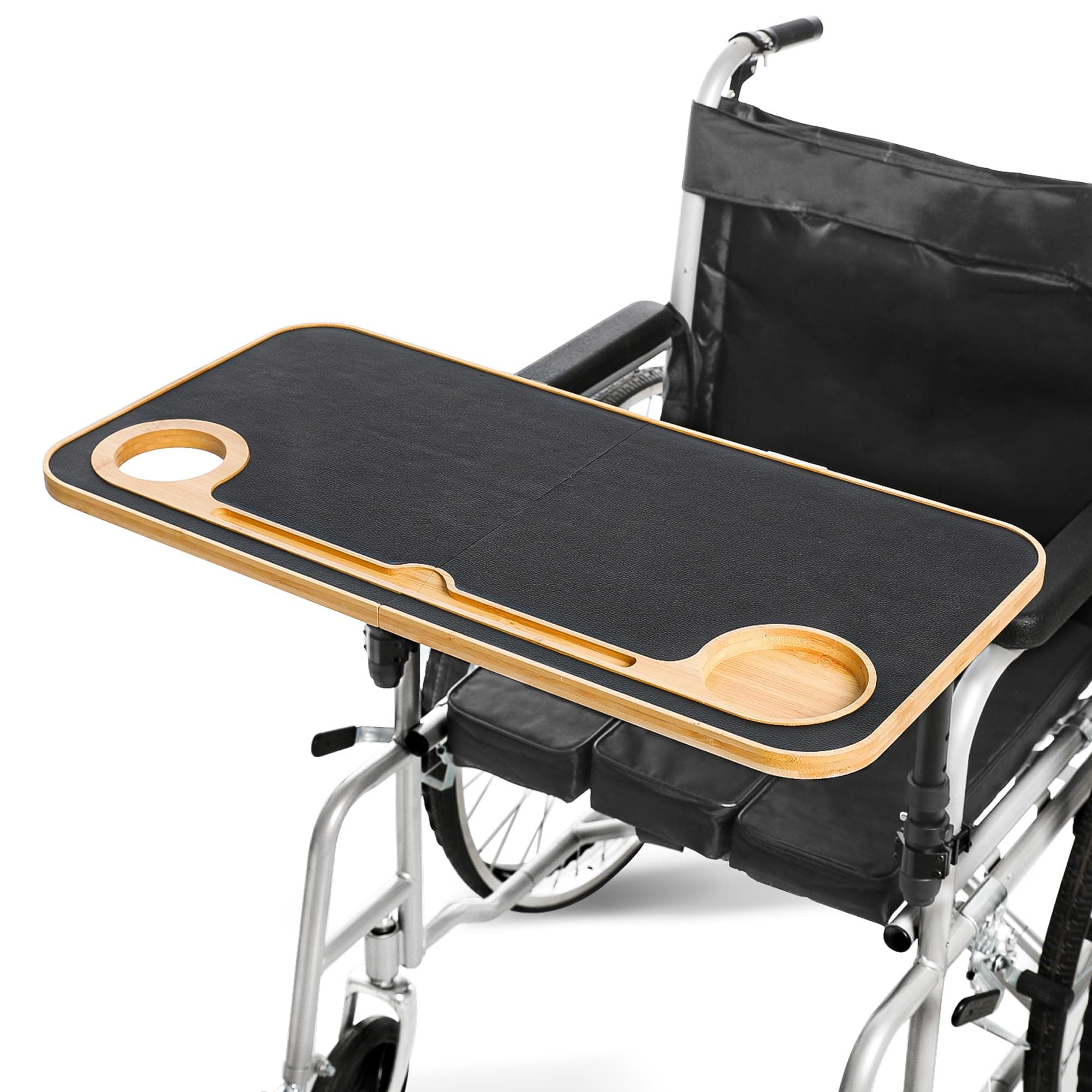 TYYIHUA Foldable Wheelchair Tray Table with Cup Holders for Adults, Seniors, Removable Wheelchair Lap Desk for Eating Reading Resting, Nursing Patient, Fits Seat Width 16" - 20", Bamboo Wood - Thumbnail 4
