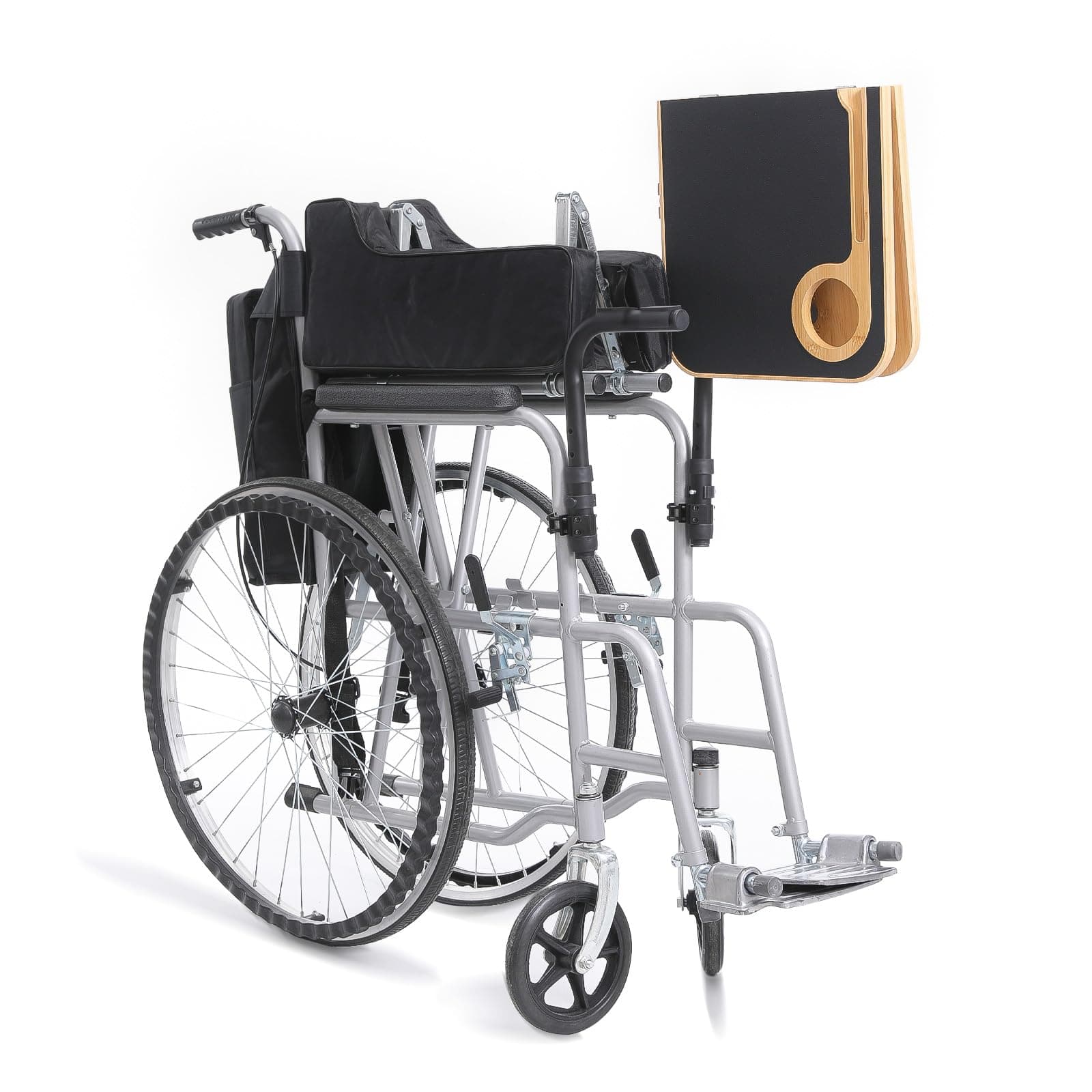 TYYIHUA Foldable Wheelchair Tray Table with Cup Holders for Adults, Seniors, Removable Wheelchair Lap Desk for Eating Reading Resting, Nursing Patient, Fits Seat Width 16" - 20", Bamboo Wood - Thumbnail 8