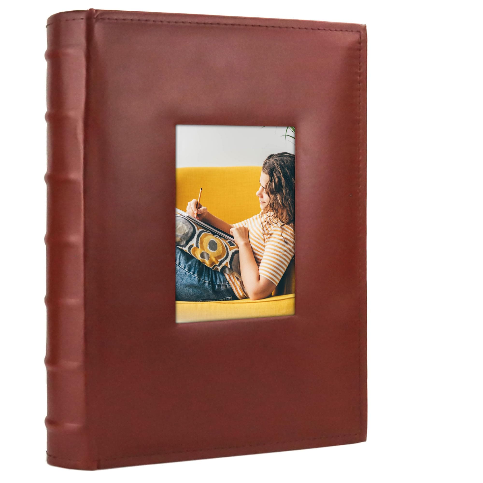 Brown Leather Photo Album with Window Cover - Thumbnail 2