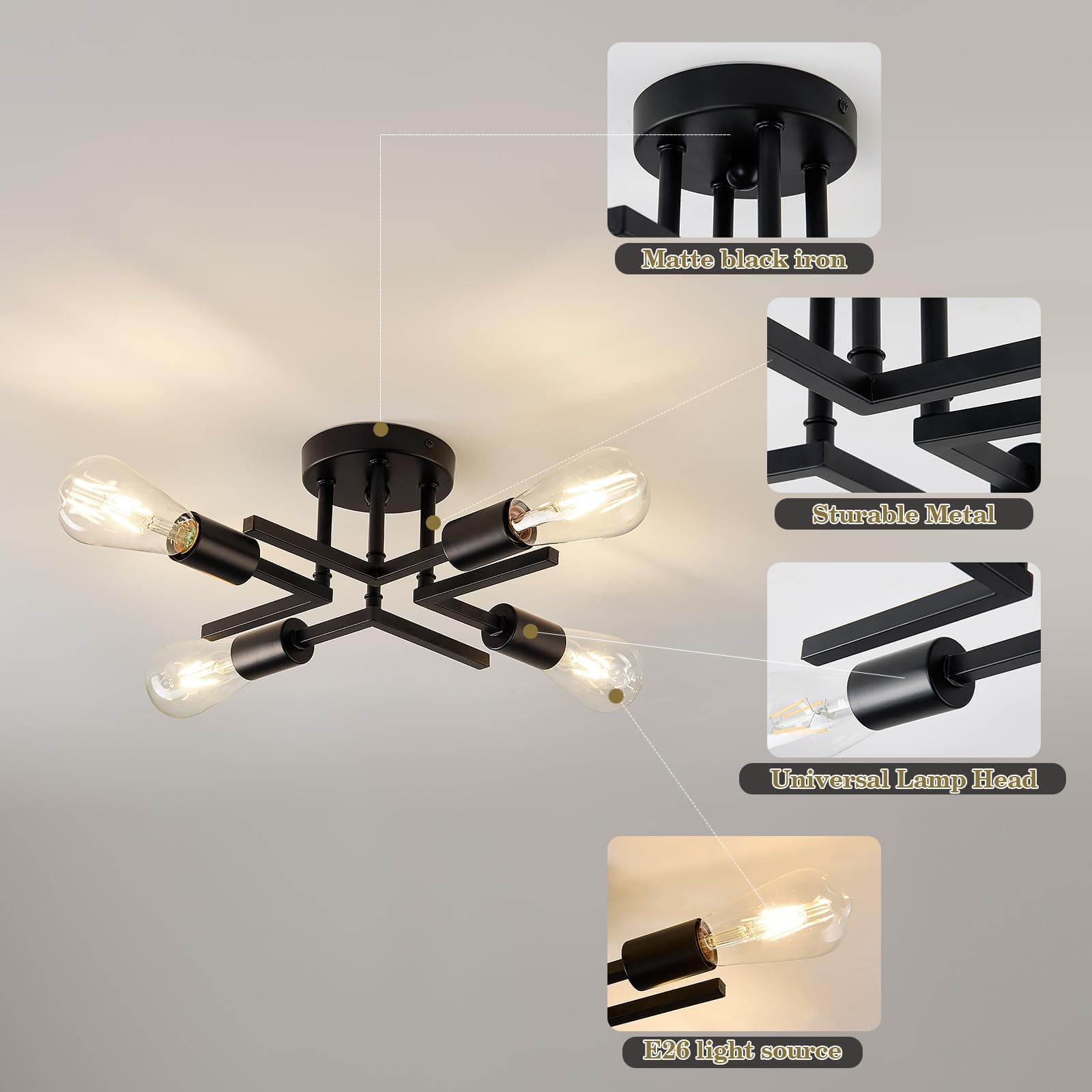 Black Ceiling Light Fixture E26 Base 60W - Thumbnail 4