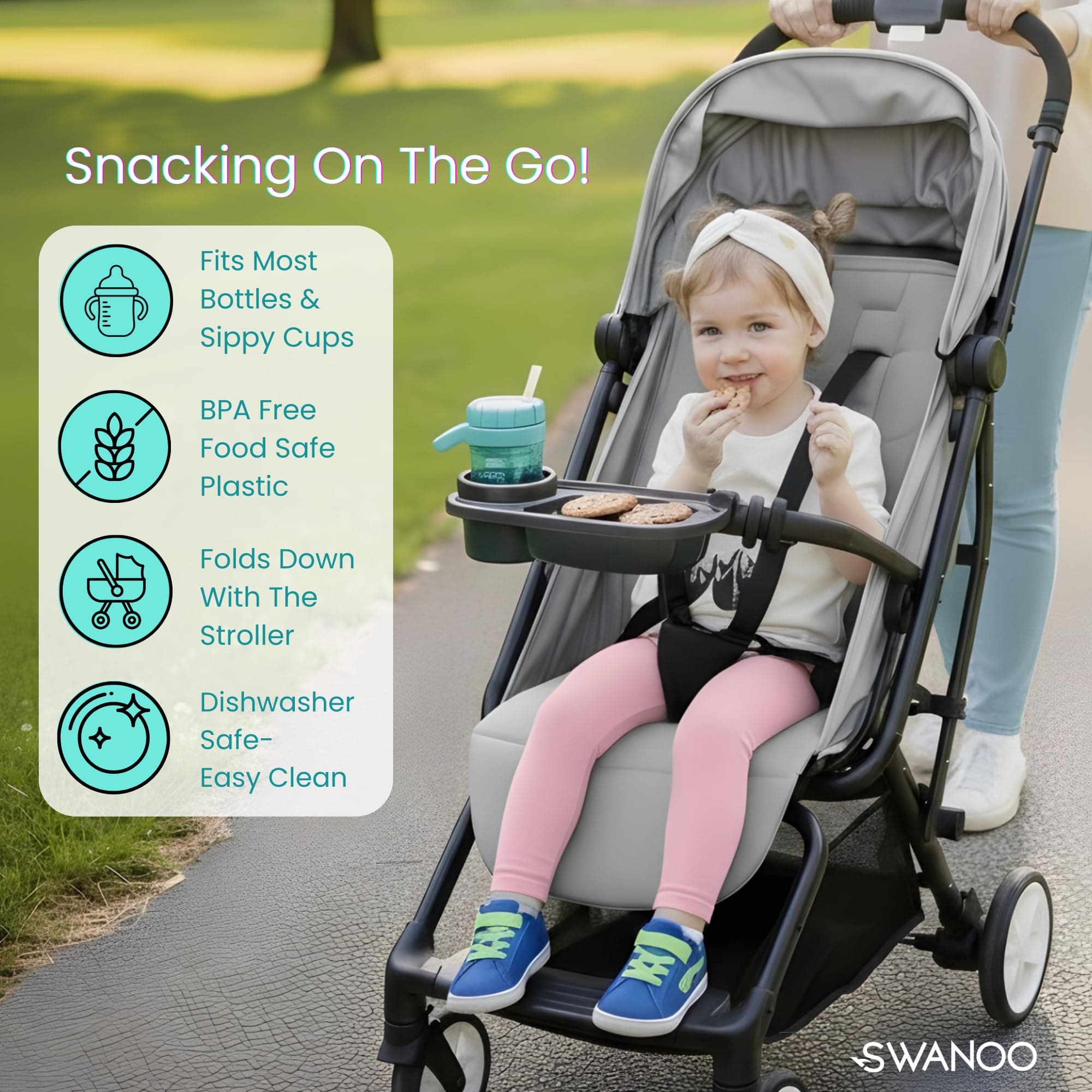 SUniversal Stroller Snack Tray | Compatible With Nuna Mockingbird Bugaboo Uppababy | Stroller Bumper Bar Tray Attachment with Cup Holder | Baby Toddler Disneyland Essentials Stroller Accessories - Thumbnail 3