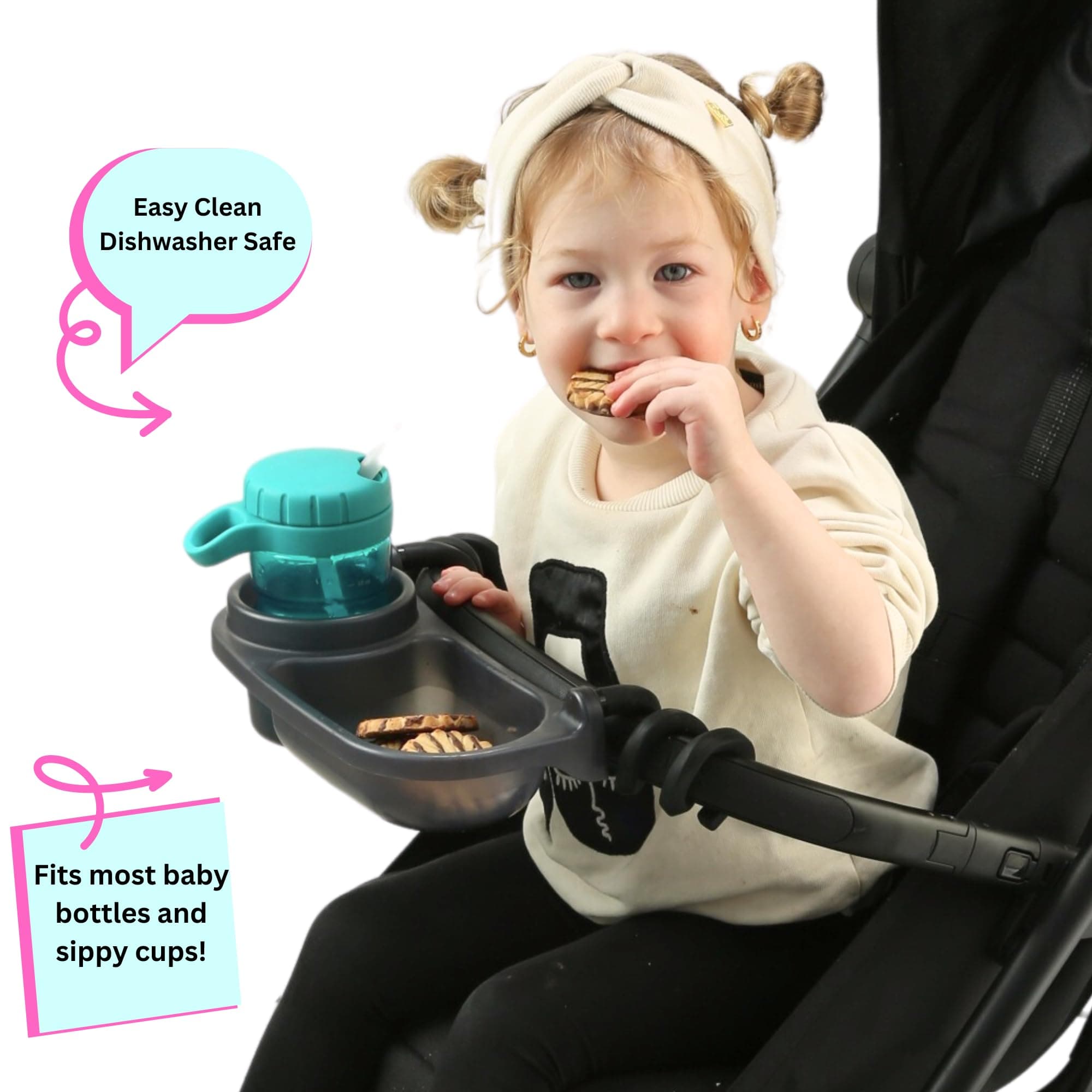 SUniversal Stroller Snack Tray | Compatible With Nuna Mockingbird Bugaboo Uppababy | Stroller Bumper Bar Tray Attachment with Cup Holder | Baby Toddler Disneyland Essentials Stroller Accessories - Thumbnail 5