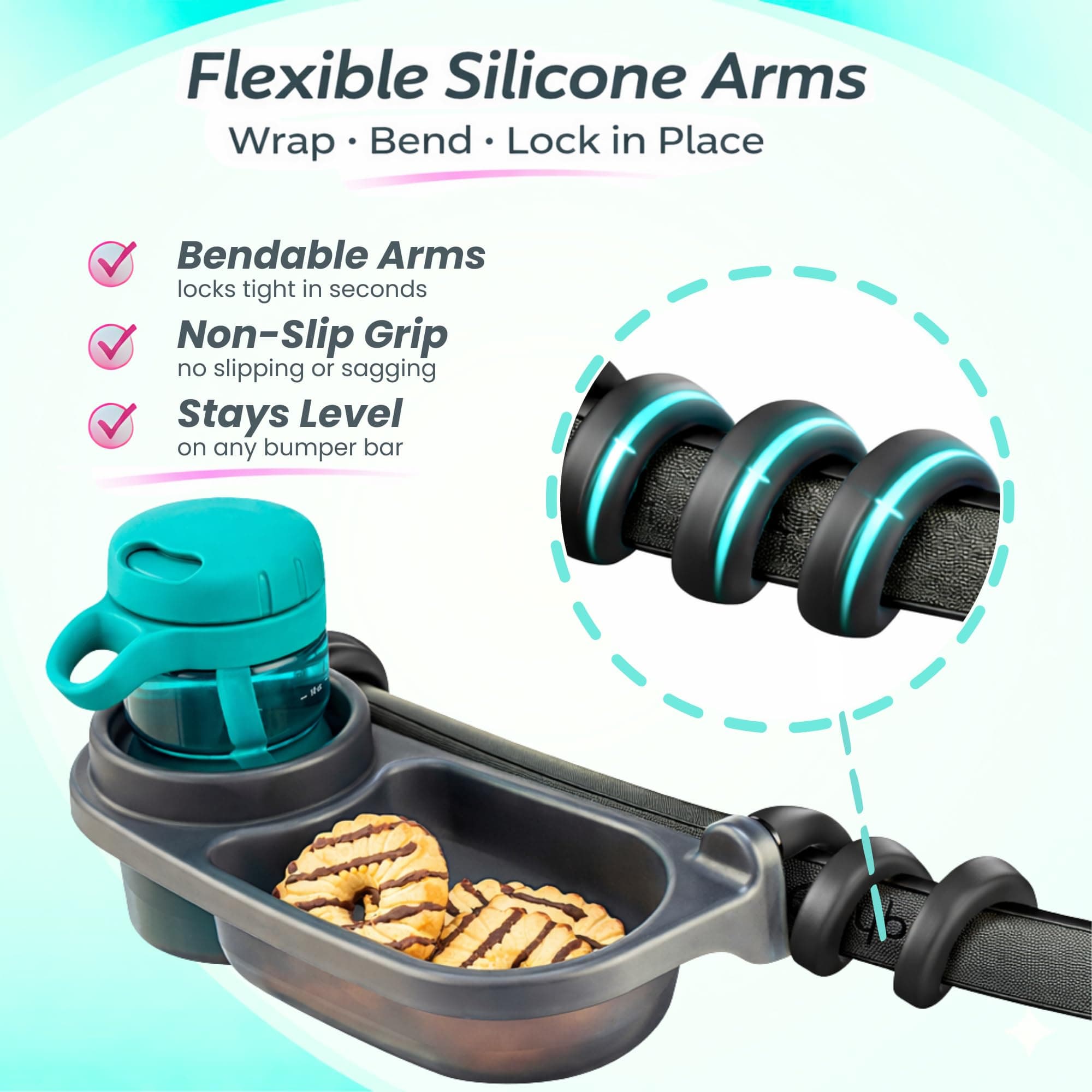 SUniversal Stroller Snack Tray | Compatible With Nuna Mockingbird Bugaboo Uppababy | Stroller Bumper Bar Tray Attachment with Cup Holder | Baby Toddler Disneyland Essentials Stroller Accessories - Thumbnail 7
