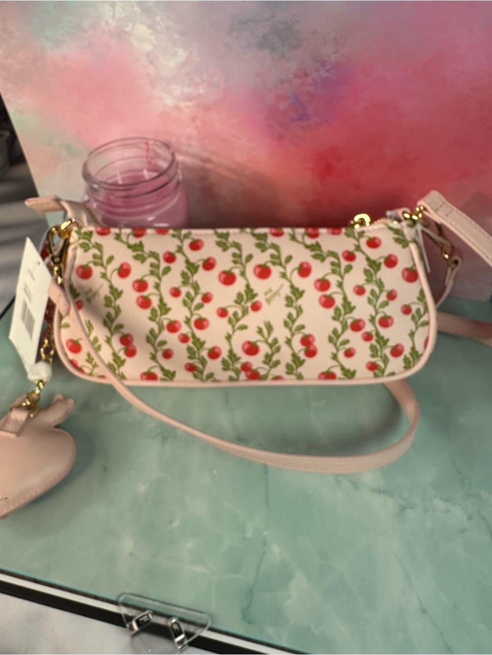 ★ Betsy Johnson Cherry Print Shoulder Bag Heart Charm Pink Purse NWT - Thumbnail 3