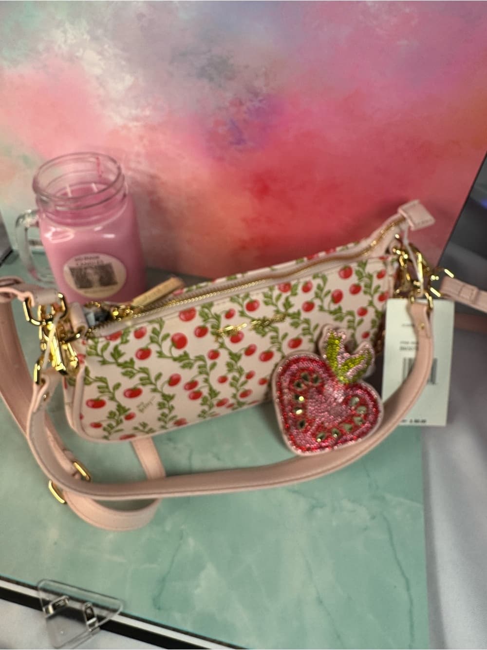 ★ Betsy Johnson Cherry Print Shoulder Bag Heart Charm Pink Purse NWT