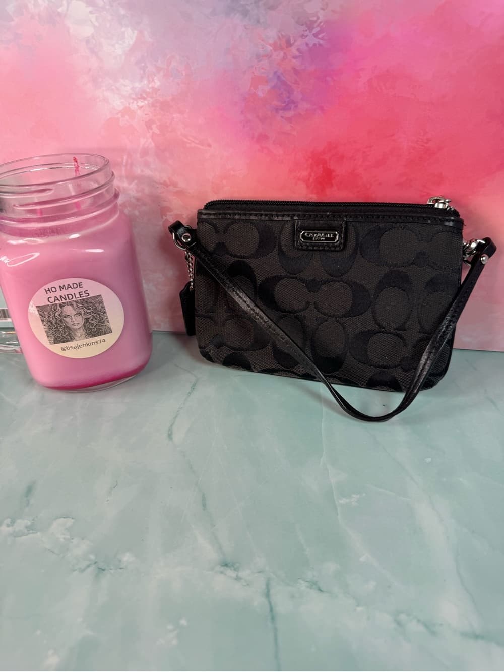 ★Coach Black Signature Wristlet Zip Pouch Mini Clutch Handbag