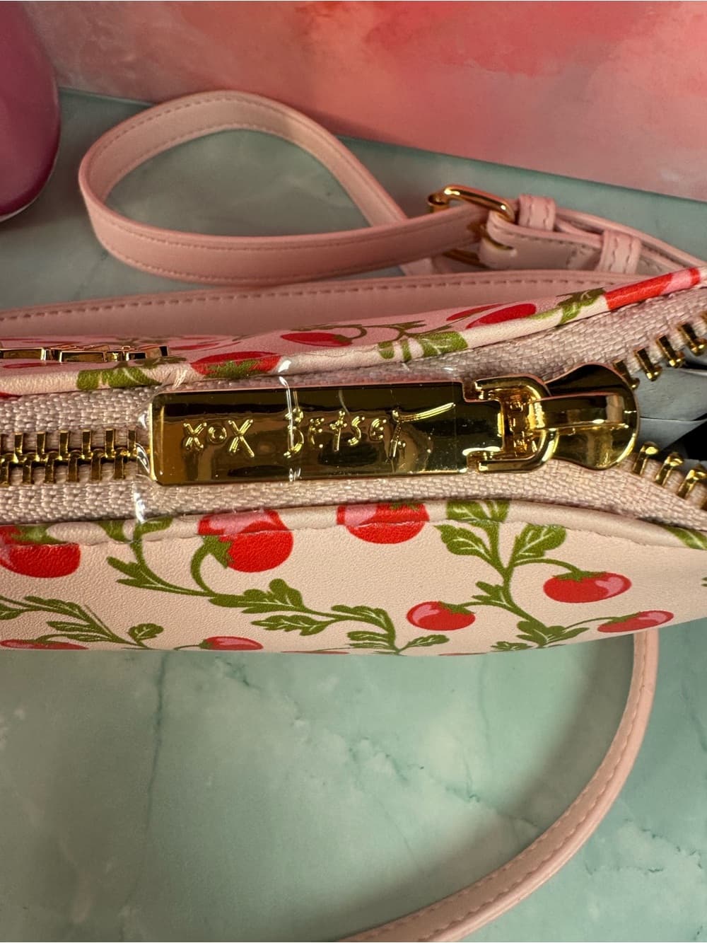 ★ Betsy Johnson Cherry Print Shoulder Bag Heart Charm Pink Purse NWT - Thumbnail 5