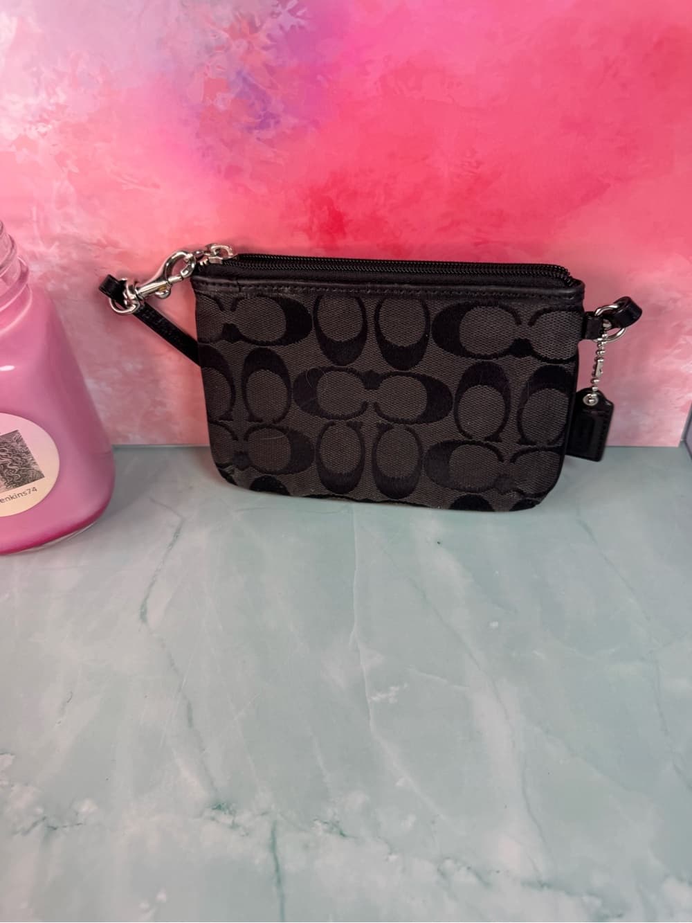 ★Coach Black Signature Wristlet Zip Pouch Mini Clutch Handbag - Thumbnail 3