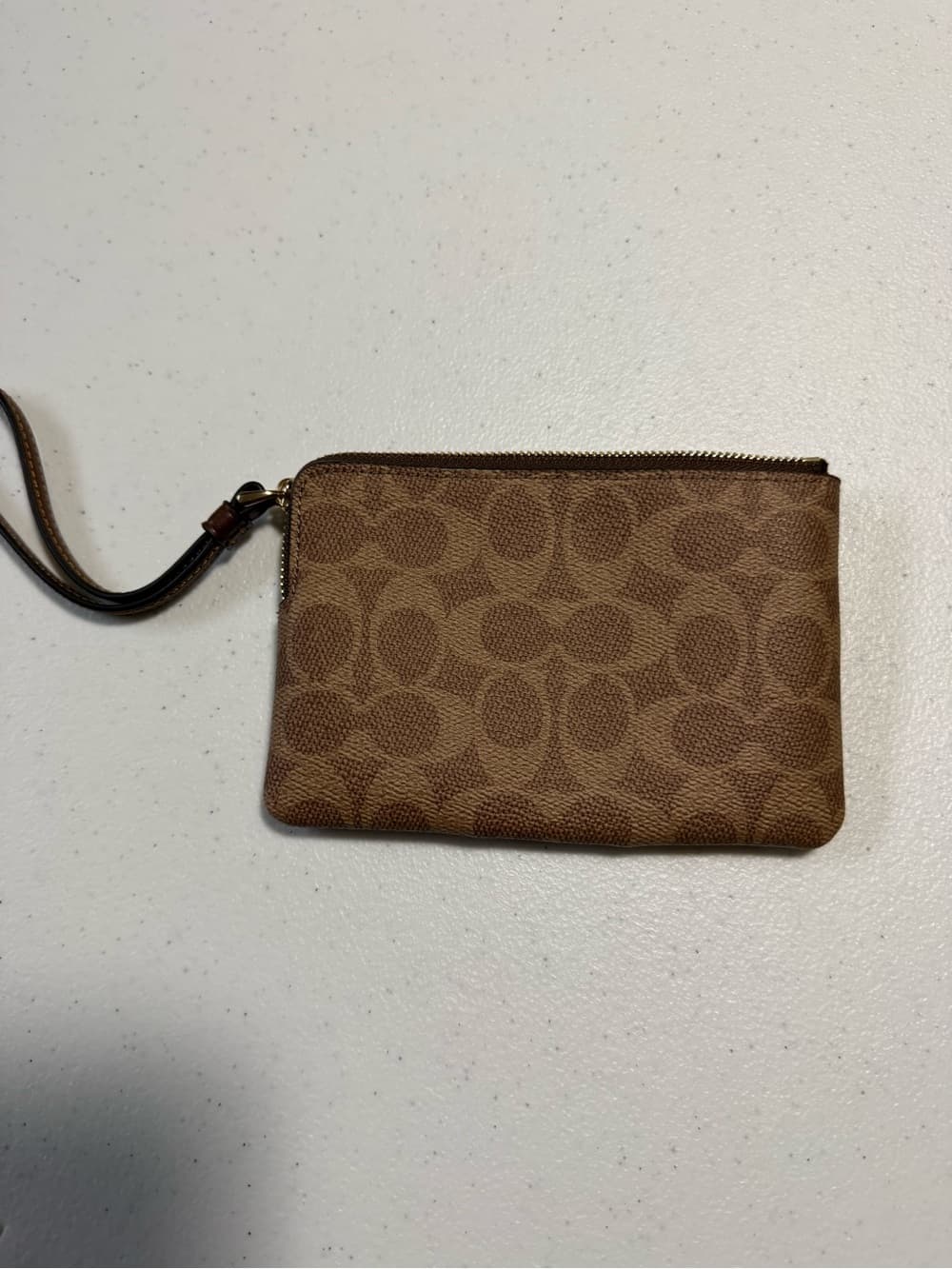 ★ Coach Signature Wristlet Brown Tan Monogram Zip Pouch Clutch