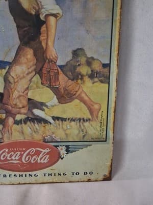 Vintage 1990 Coca-Cola Tin Sign NC Wyeth Boy Walking Dog Fishing Pole 14" x 8.5" - Thumbnail 4