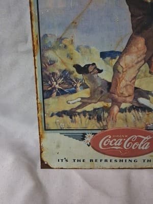 Vintage 1990 Coca-Cola Tin Sign NC Wyeth Boy Walking Dog Fishing Pole 14" x 8.5" - Thumbnail 3