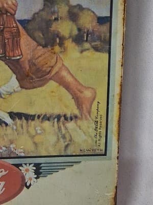 Vintage 1990 Coca-Cola Tin Sign NC Wyeth Boy Walking Dog Fishing Pole 14" x 8.5" - Thumbnail 5