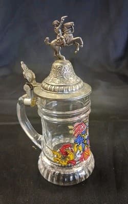 Vintage Schnaps Krugerl Pewter Glass Mini Stein Germany Crest