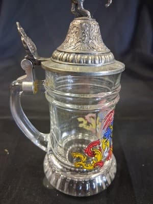 Vintage Schnaps Krugerl Pewter Glass Mini Stein Germany Crest - Thumbnail 3