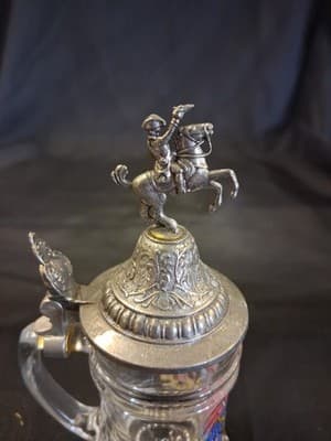Vintage Schnaps Krugerl Pewter Glass Mini Stein Germany Crest - Thumbnail 2