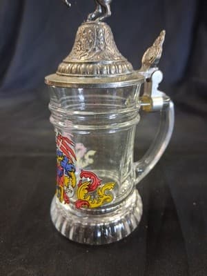 Vintage Schnaps Krugerl Pewter Glass Mini Stein Germany Crest - Thumbnail 5