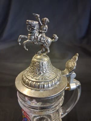 Vintage Schnaps Krugerl Pewter Glass Mini Stein Germany Crest - Thumbnail 6