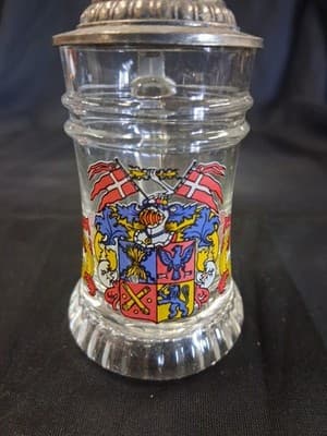Vintage Schnaps Krugerl Pewter Glass Mini Stein Germany Crest - Thumbnail 4