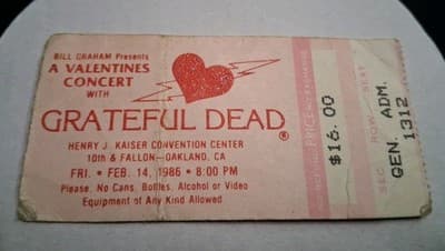 GRATEFUL DEAD - FEBRUARY 14, 1986 - VALENTINES CONCERT - OAKLAND - TICKET - Thumbnail 2