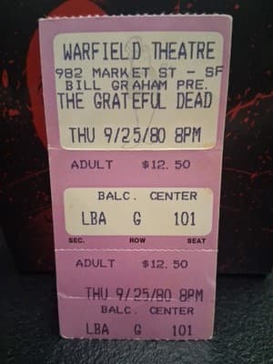 grateful dead warfield theatre unused ticket san francisco Sept 25 1980 - Thumbnail 2