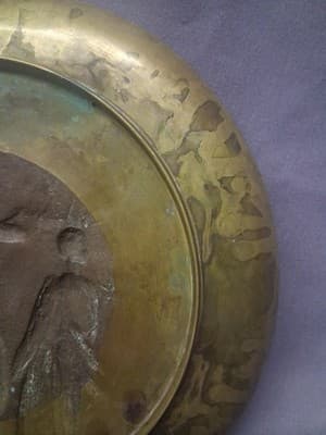 IMPRESSIVE EARLY 20c JAPANESE BRONZE HUNTING GARDEN SCENE WALL PLAQUE PLATTER - Thumbnail 11