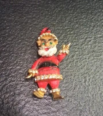 Cute Old Vintage Red Painted Goldtone w Clear Rhinestones SANTA CLAUS Christmas - Thumbnail 2