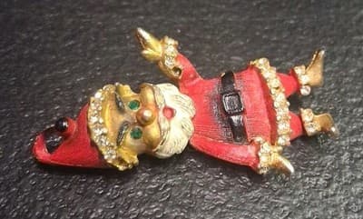 Cute Old Vintage Red Painted Goldtone w Clear Rhinestones SANTA CLAUS Christmas - Thumbnail 4