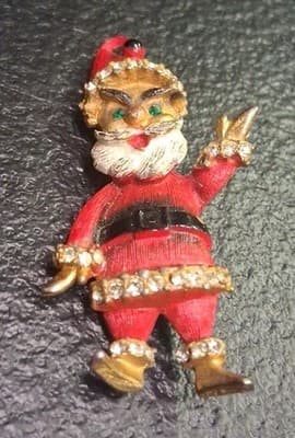Cute Old Vintage Red Painted Goldtone w Clear Rhinestones SANTA CLAUS Christmas - Thumbnail 3